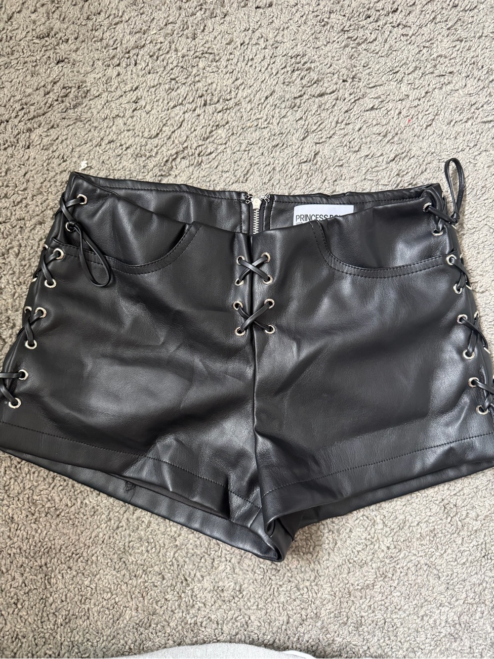 Princess Polly Black Faux Leather High-Waist Lace-Up Shorts